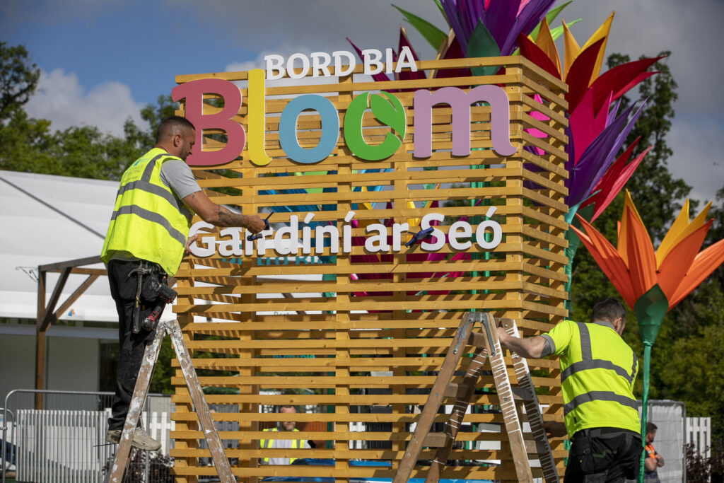 Image of two emploees on ladders working on a sign that says Bord Bia bloom from last years event.