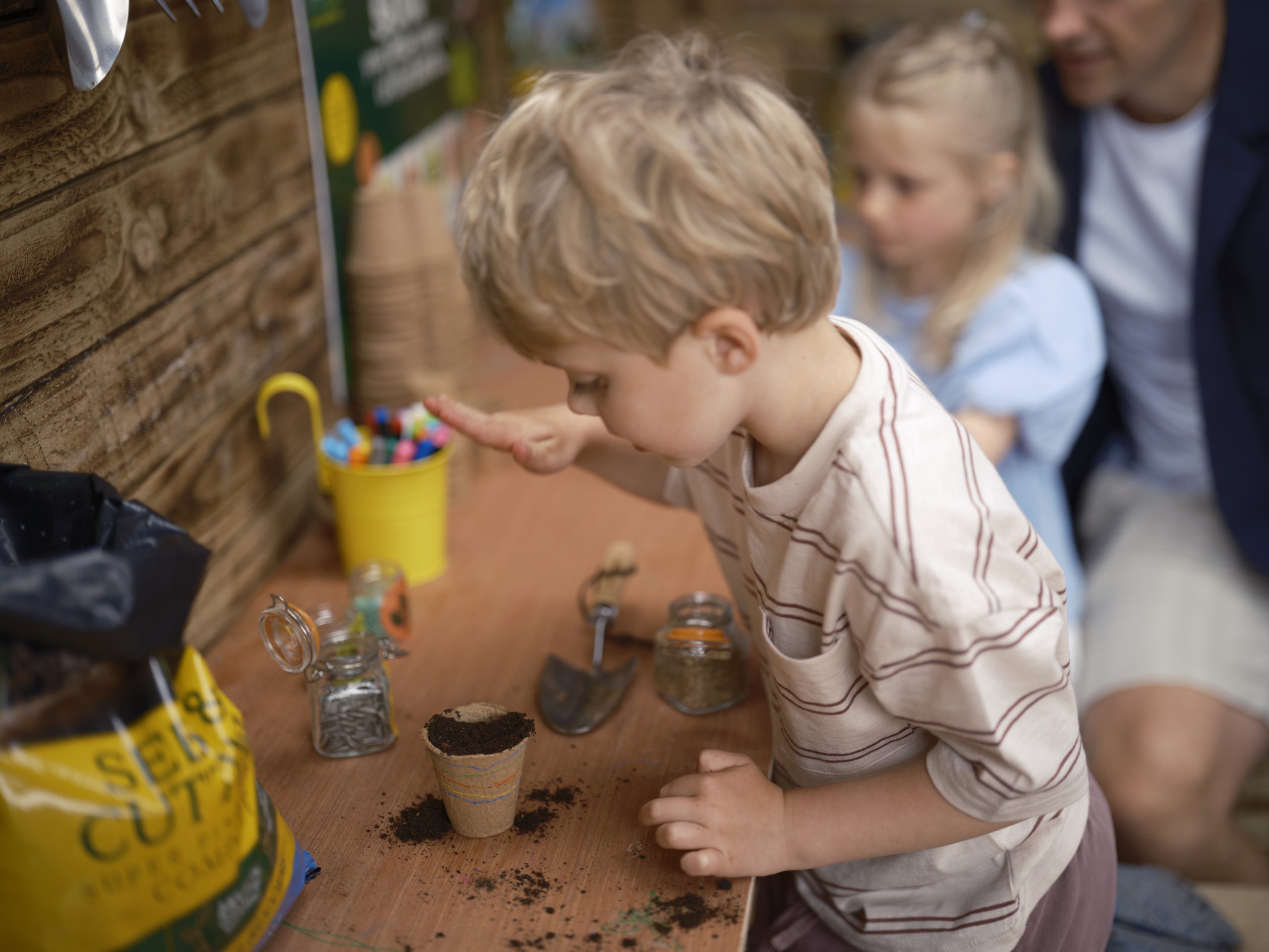 Boy planting seeds in compostable cups